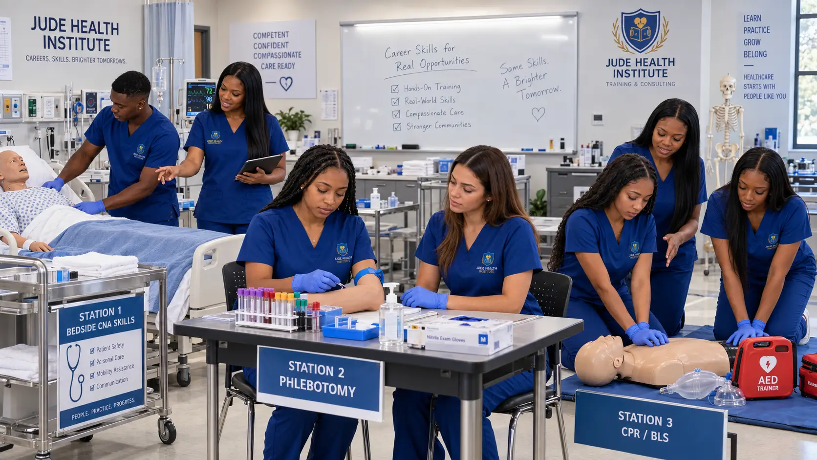 Illustration: Students at three practice stations: bedside care, phlebotomy, and CPR with an AED trainer