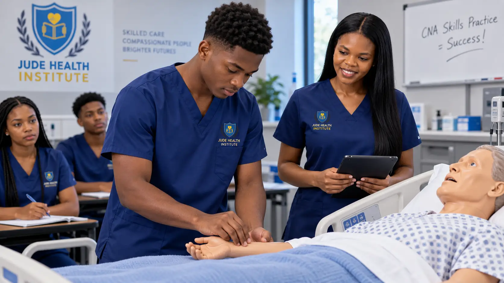 Illustration: A student in navy scrubs takes a pulse on a manikin in a hospital bed while an instructor with a tablet watches