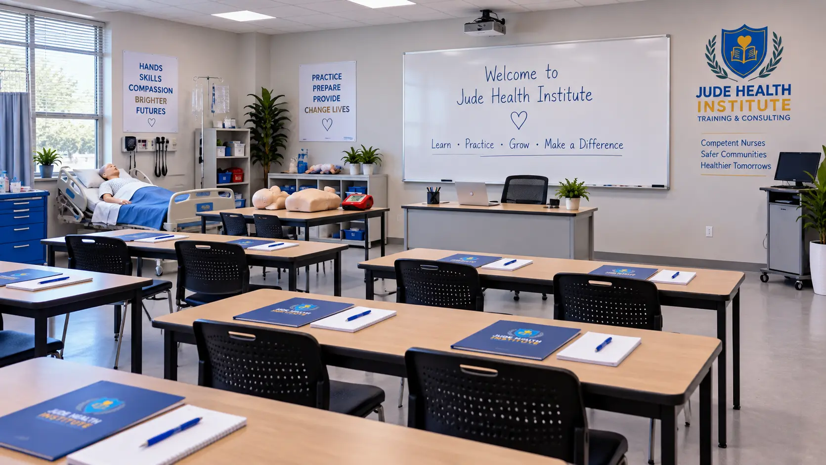 Illustration: A classroom set up with desks, a practice bed and CPR manikins
