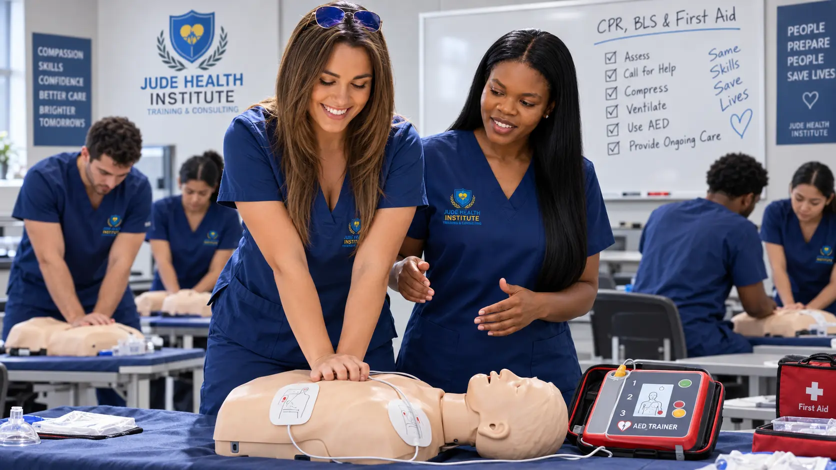 Illustration: A student practises chest compressions on a manikin fitted with AED trainer pads while an instructor coaches her