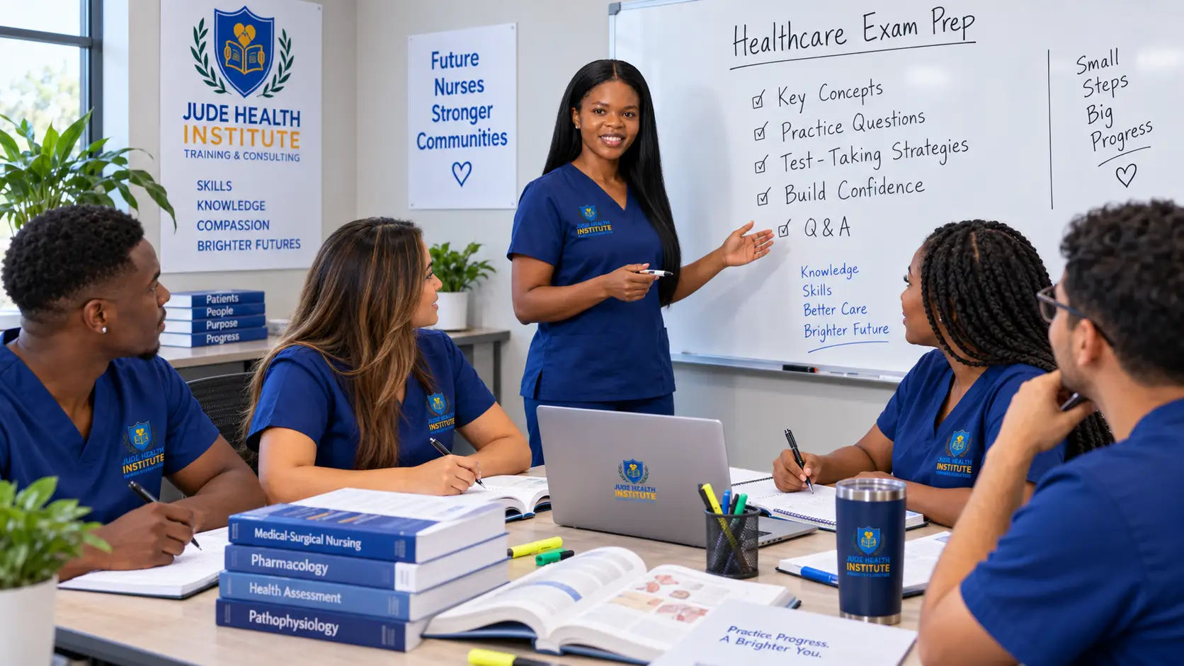 Illustration: An instructor leads a small exam-preparation group from a whiteboard
