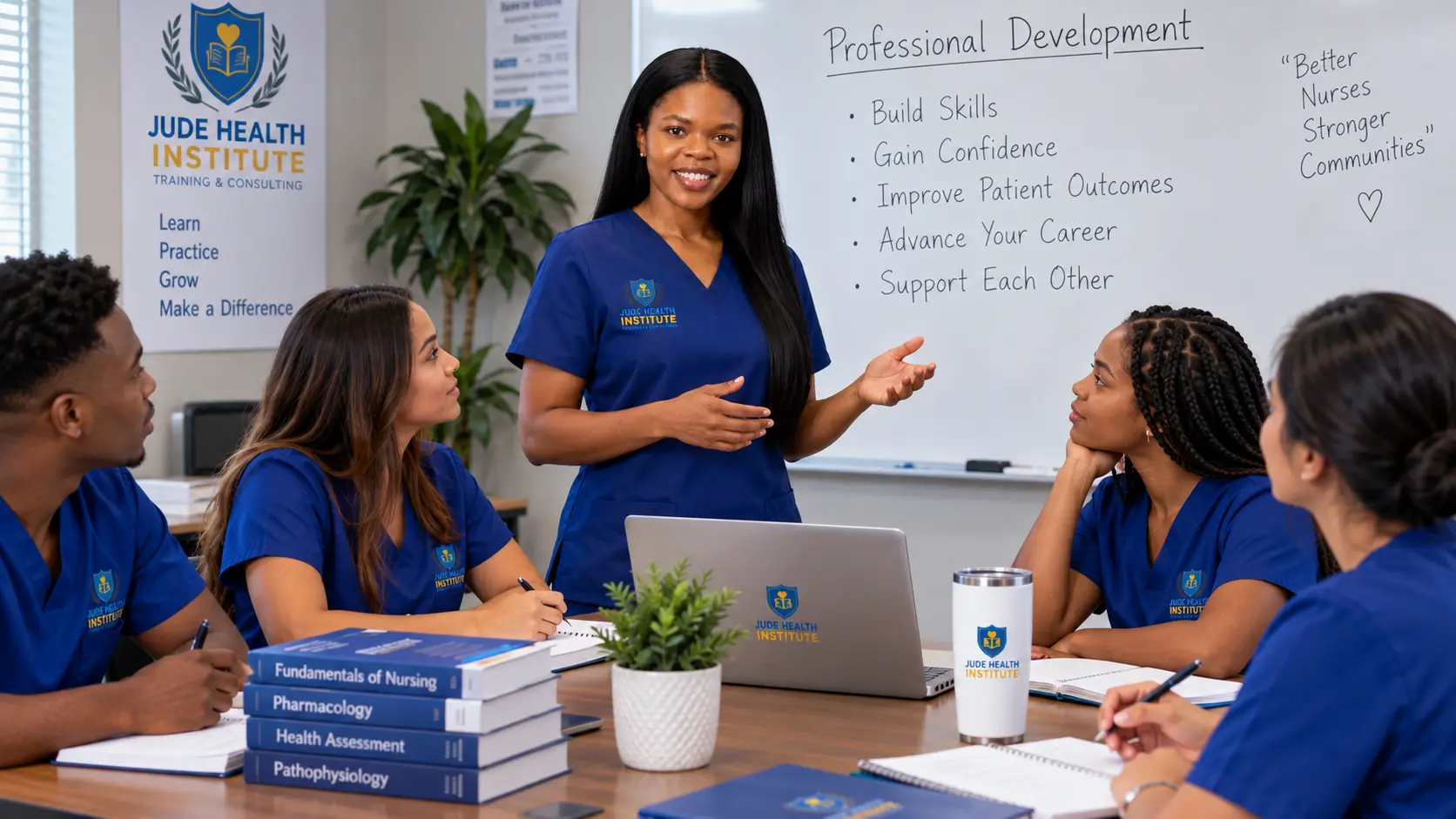 Illustration: An instructor leads a group discussion with healthcare workers around a table