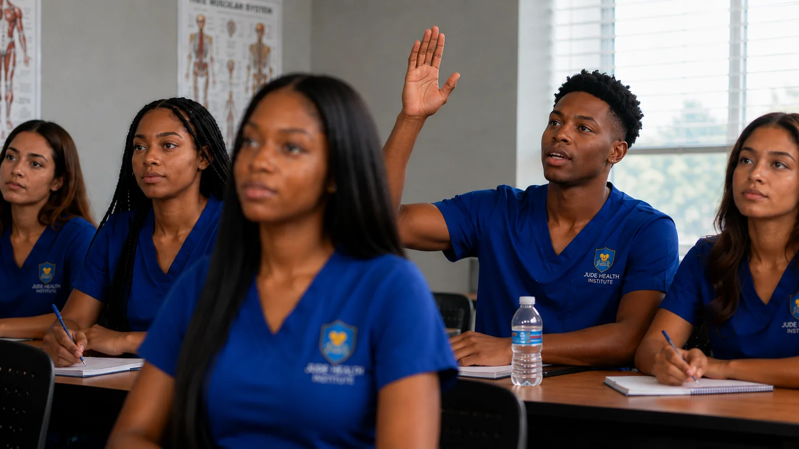 Students in blue scrubs taking notes during a class at Jude Health Institute in Orlando